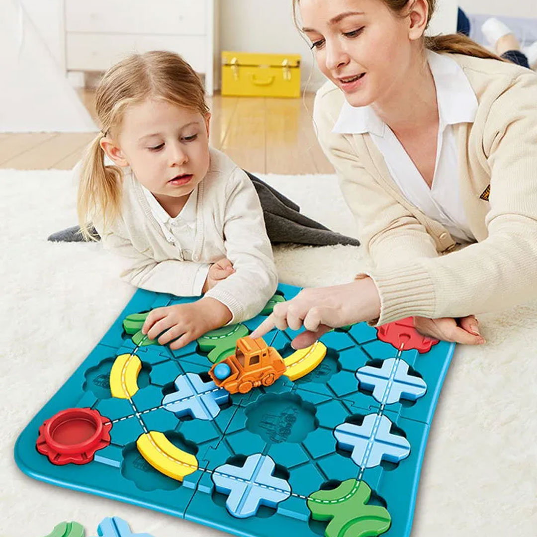 Mother Kid Playing Logical Road Builder Game